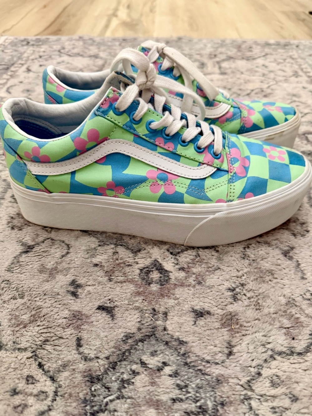 Vans Floral Checkerboard Platform Sneakers in Blue, Green & Pink - Picture 3 of 4